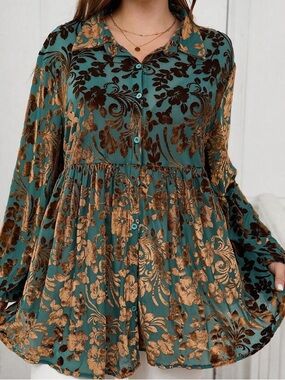 Pink Lily Teal & Copper Floral Velvet-Print Dress